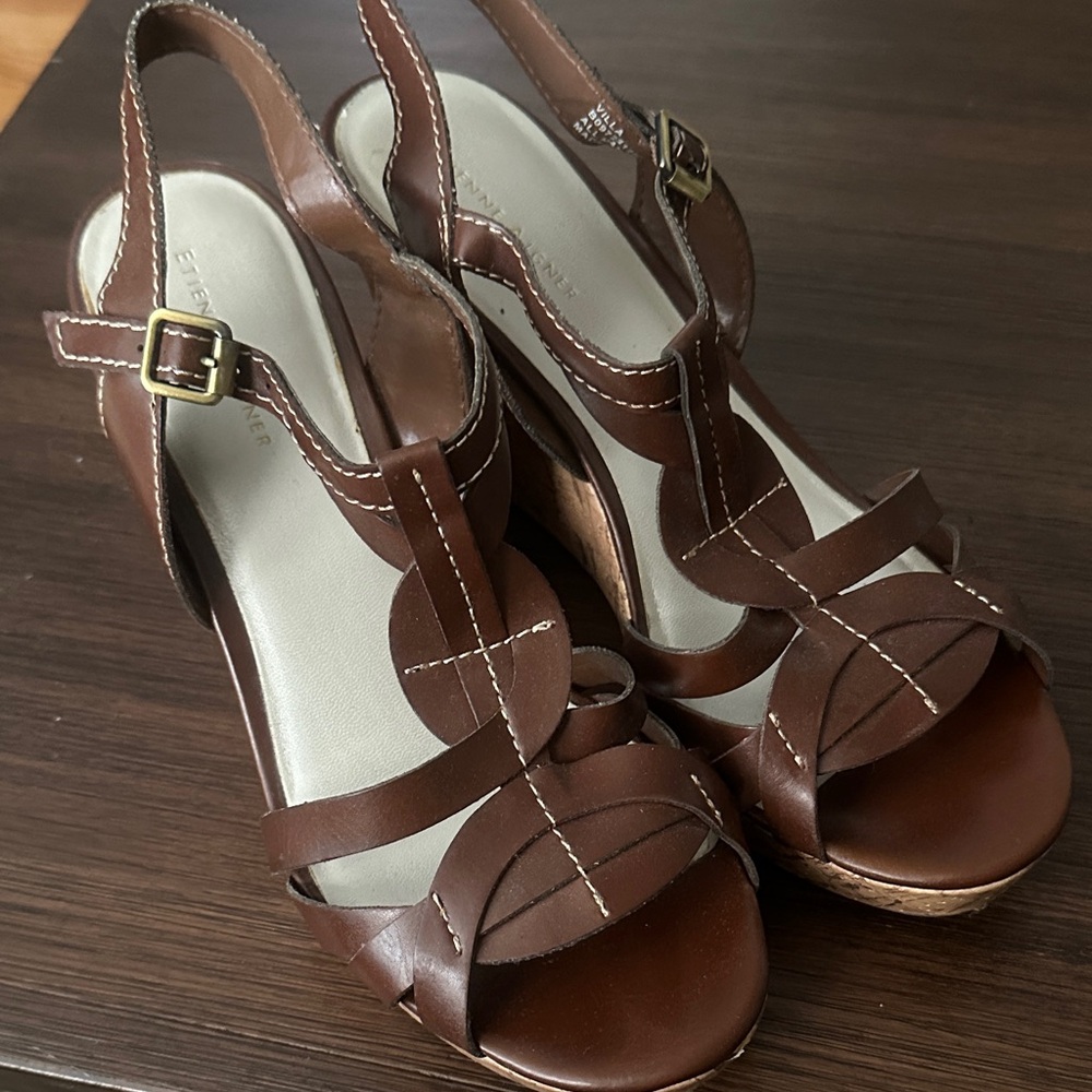 Etienne Aigner Brown Leather Wedge Slingback Sandals